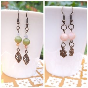 Floral Pink Agate & Green Jade Leaf Earrings Bundle